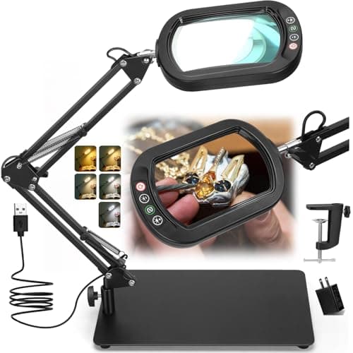 Veemagni 10X Magnifying Glass with Light and Stand, Rectangle Real Glass, 5 Color Modes Dimmable 2-in-1 LED Lighted Desk Lamp & Clamp, Hands Free Magnifier for Reading Craft Repair Painting Close Work