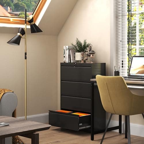 DARTIIA 4 Drawer Lateral File Cabinet with Lock, Metal Filing Cabinets for Home Office, Steel Storage Wide File Cabinet for Letter/Legal/F4/A4 Size with Hanging Bars, Require Assembly(Black) 5