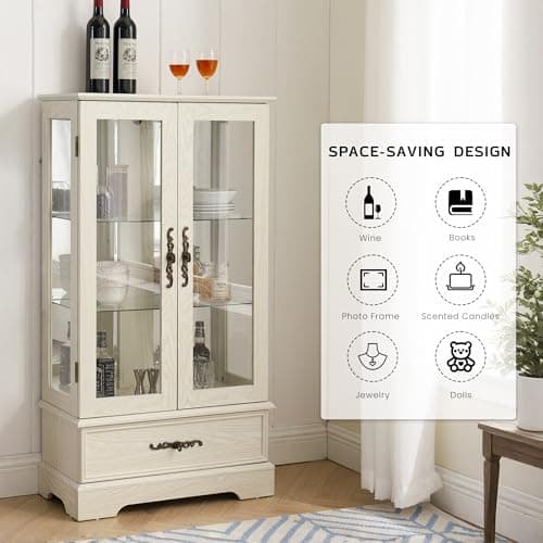 47" Lighted Glass Accent Curio Cabinet, 3-Tier Antique Storage Cage with Adjustable Shelves & Drawer, Acrylic Mirrored Pane, Light Blub Included, Small China Cabinet for Living Room (Antiqe White) 7
