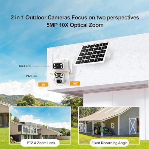 CowWolf No WiFi Security Camera, 4G LTE Cellular Security Camera, 2K Solar Cellular Cam HD Dual Lens 360° Pan Tilt, Color Night Vision, PIR Motion Detection, IP66 Waterproof with Pre-Installed SIM 5