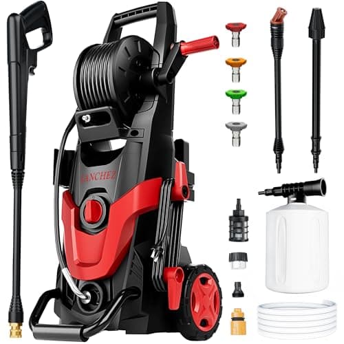 Electric Pressure Washer, 4500 PSI 3.2 GPM, Upgraded 7 Nozzles Power Washer Set with Turbo & 360° Nozzle, Inlet Hose & Filter & 500ml Foam Cannon for Cars/Home Cleaning/Patios/Driveways/Fences, Red