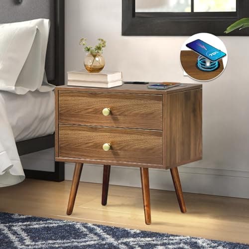 Wooden Nightstand with Wireless Charging Station and LED Light - 20" W x 14" D x 24" H Mid Century Modern Walnut Bedside Table, Large Bedside Table with Storage, 2 Drawer Nightstand, Outlet on Top