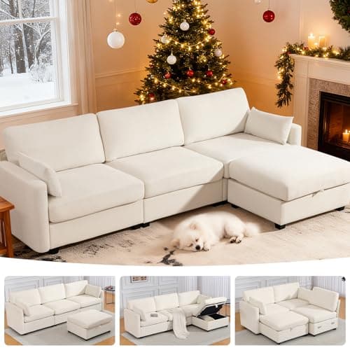109'' Modular Sectional Sofa, L Shaped Couch with Storage Ottoman, Comfy Cloud Sofa with Deep Seat, 4 Seat Convertible Sectional Couches for Living Room (Beige, Low Legs 1.97")