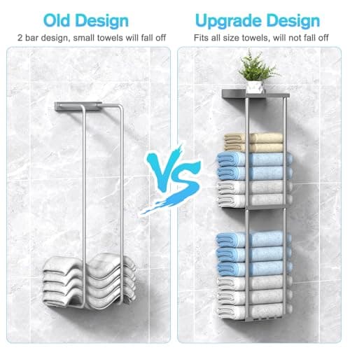 Liuoud Towel Rack Storage for Bathroom, Wall Mounted Vertical Rolled Towel Organizer Holder with Shelf, Holds Up 6 Large Bath Sheets, Silver Grey 5