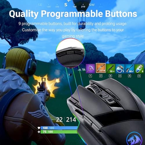 Redragon M801 Wireless Gaming Mouse, RGB Gaming Mouse with MMO 9 Programmable Macro Editing Buttons, UP 16000 Adjustable DPI, Rapid Fire Button for Game, Windows,PC - Wireless, Black 5