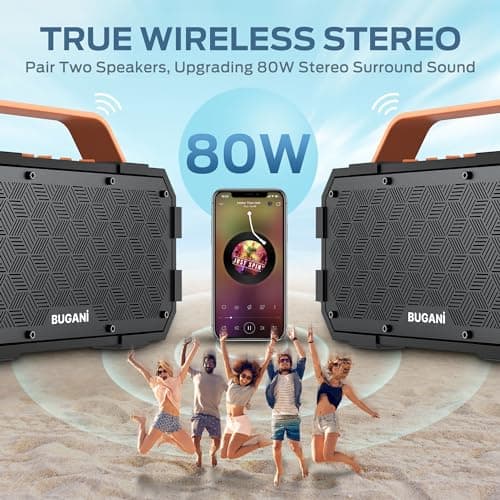 BUGANI Bluetooth Speaker, Portable Bluetooth Speakers with 40W Stereo Sound, Loud Bluetooth Speaker 24H Playtime Support TF Card/AUX, IPX6 Waterproof for Beach Camping Outdoor Indoor 5