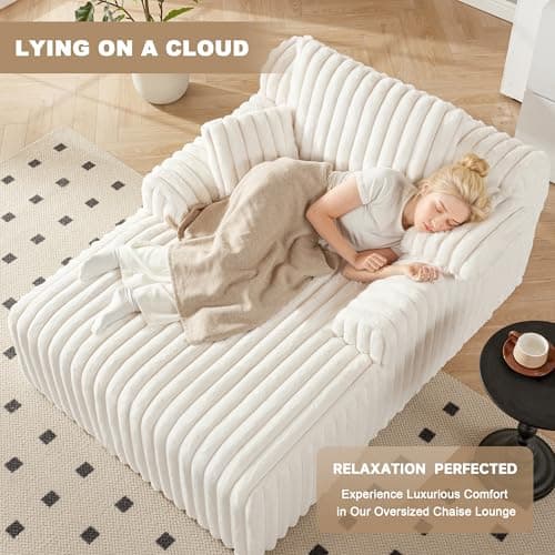 Mangodan 63" Oversized Chaise Lounge Chair Indoor, Boneless Couch Chair with 3 Pillows, Comfy Reading Chair with Wide Arms, No Assembly Required Corduroy Couch, Sleeper Sofa for Living Room, Beige 7