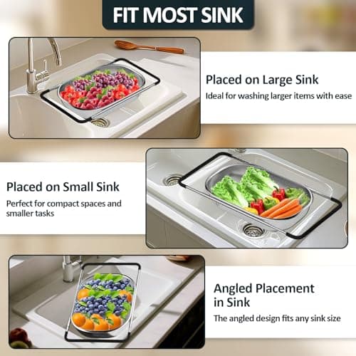 Over the Sink Colander - Strainers and Colanders - Sink Strainer Basket - Expandable Fine Mesh Strainer with Rubber Grip for Veggie, Fruits, Pasta, Home Kitchen Essentials (9.5W x 13.4-21.3L x 3.3H) 5