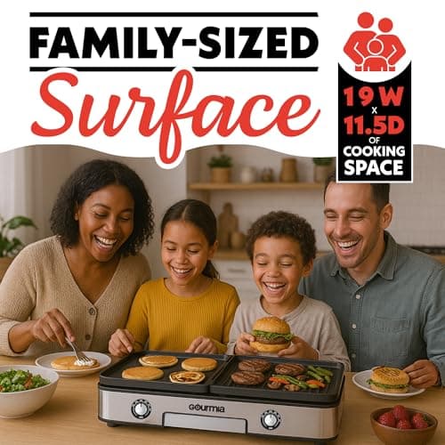 Gourmia 3-in-1 Indoor Grill & Griddle Electric Combo – Dual Independent Cooking Zones, Reversible Nonstick Ceramic Plates, XL Cooking Surface, 250–400°F Adjustable Temp, Dishwasher Safe 7