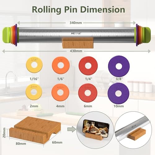 Mepple Stainless Steel Rolling Pin with Thickness Rings for Fondant, Pizza, Cookie, Pastry, Pie,Roller Rod for Dough Thickness,Rolling Pin for Baking, 13.6" with 4 Thickness Rings and Wooden Stand 7