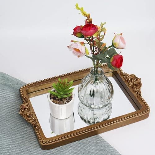 Hanna Roberts Vintage Gold Tray with Mirror Glass Base | Card Holder for Guests During Occasions and Events or Decorative Home and Vanity Organizer (Gold) 6
