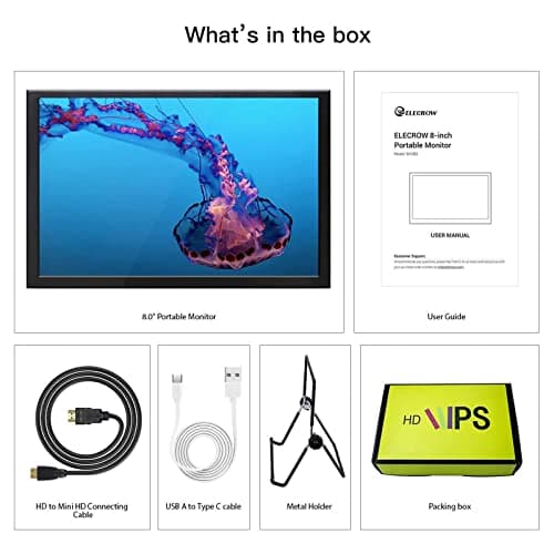 ELECROW 8 Inch Portable Monitor, 1280x800 Mini HD Display with Built-in Speakers, USB Powered, Non-Touch LCD Screen for Raspberry Pi, PC, Laptop, Jetson Nano, Game Consoles 7