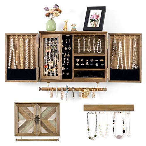 Sunix Rustic Wooden Jewelry Organizer Wall Mounted Holder with Removable Bracelet Rod and Hooks for Necklaces Earrings Bracelets Rings