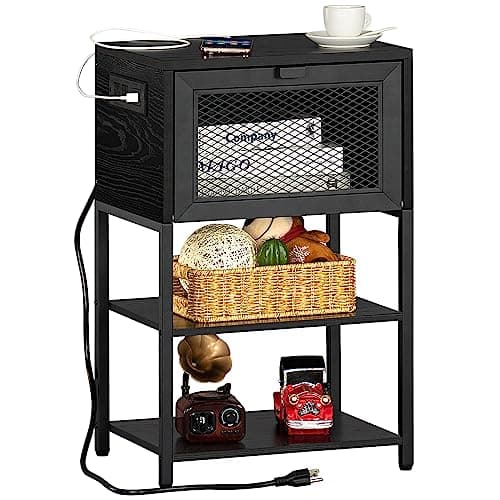 LEBOAHOUS Nightstand with Charging Station and USB Port, 3 Tier Industrial Night Stand, Bedside Table with Flip Storage Drawer and Open Shelf, End Side Table for Bedroom, Office, Dorm 26.2''H (Black)