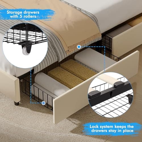 VECELO Full Size Bed Frame with 4 Storage Drawers, Adjustable Height Headboard, Heavy-Duty Platform Bedframe with Strong Wooden Slats, No Box Spring Needed, Beige 7