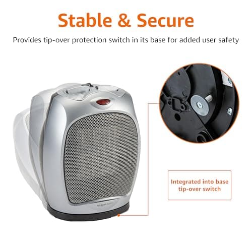 Amazon Basics Oscillating Ceramic Portable Indoor Space Heater, Fast Heating Technology, Overheat and Tip-Over Protection, Adjustable Thermostat, 1500W, 7.52"D x 6.34"W x 9.45"H, Silver 5