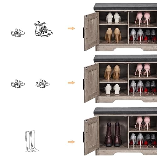 HOMSHO 2-Tier Storage Bench, 27.6" Wide Shoe Bench with Padded Seat Cushion, Entryway Bench with 2 Barn Doors and Adjustable Shelf, Greige 6
