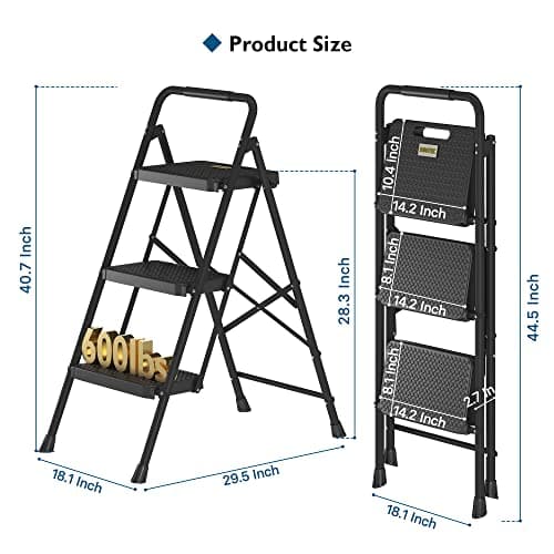 BONTEC 3-Step Ladder, Folding Step Stool, 600lbs Max Load Capacity, Sturdy Steel, Non-Slip Pedals, Lightweight, Portable Steel Ladder with Convenient Handrail, Safety Design for Home & Work, Black 7