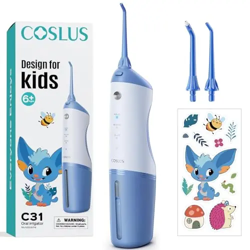 COSLUS C31 Cordless Water Flosser for Kids, Cute Water Dental Pick for Teeth, Braces, Gums Care - 4 Modes for Users Ages 6+, Safe & Gentle, Rechargeable, Waterproof, Portable for Travel, Blue White