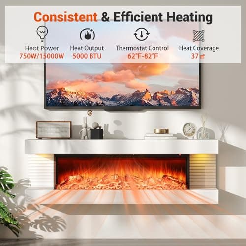 ORALNER 36-Inch Wall Mount Electric Fireplace with 50-Inch Floating Mantel, Remote, 3 Sided Electric Fireplace, 12 Adjustable Color Effect, 1500W Heater, White (50-INCH) 7