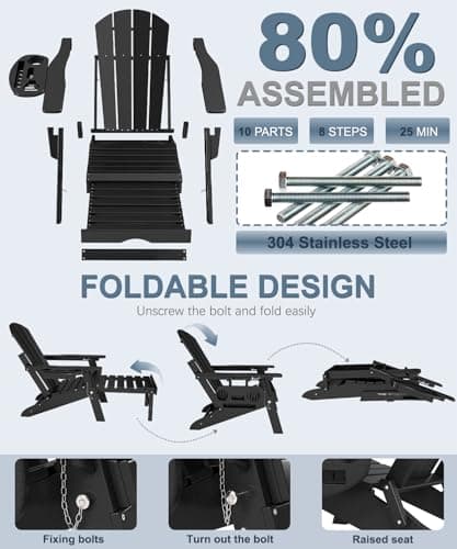 NAVINE Adjustable Adirondack Chair with Retractable Ottoman Set of 2, HDPE Folding Adirondack Chair with Cup Holder, All Weather Fire Pit Chair for Outdoor. 8