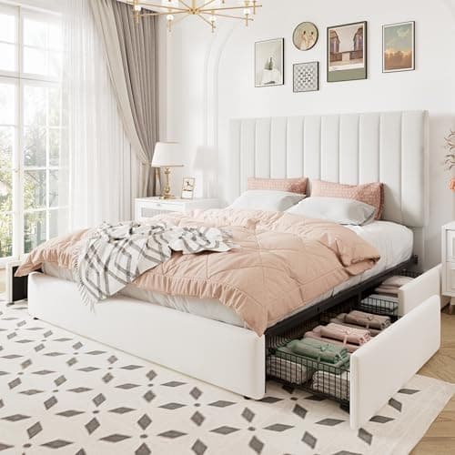 Allewie Full Size Storage Bed Frame, Vertical Channel Tufted Adjustable Headboard, Velvet Upholstered Platform Bed with 4 Oversized Underbed Drawers, Wooden Slats Support, No Box Spring Needed, White 9