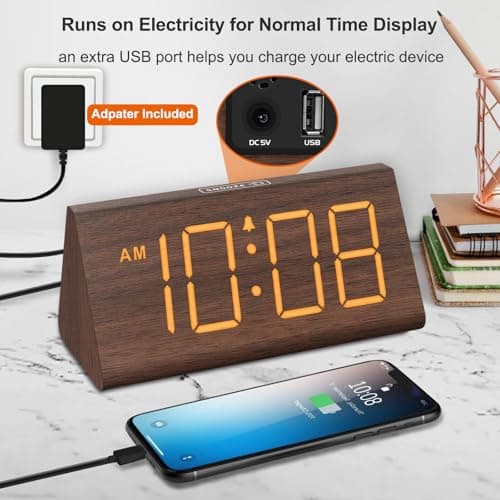 DreamSky Wooden Digital Alarm Clocks for Bedrooms - Electric Desk Clock with Large Numbers, USB Port, Loud Alarm for Heavy Sleepers, Adjustable Volume, Dimmer, Snooze, DST, Wood Décor, Adapter Powered 5