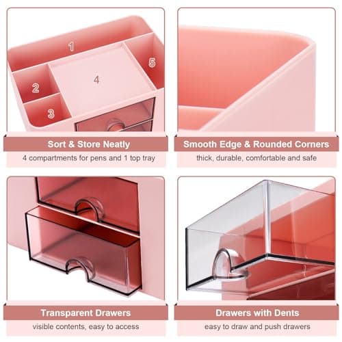 Meiikun Plastic Pen Organizer, Multifunctional Desk Organizer with 2 Drawers, 4 Compartments & a Top Tray, Pencil Holder Desktop Organizers and Accessories for Office, 7.7" x 5.5" x 3.9" (Pink) 5