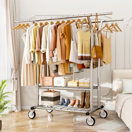 HYSEYY Heavy Duty Clothes Rack, Rolling Clothing Rack With Shelves Load 620 LBS, Double Rod Clothing Racks for Hanging Clothes, Portable& Adjustable Clothes Rack with Wheels Garment Rack 7