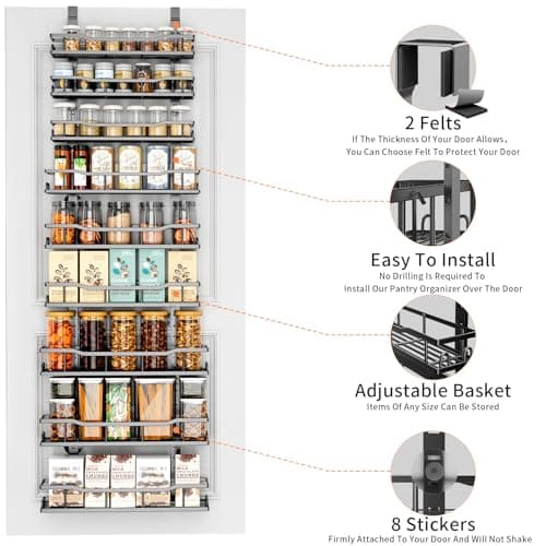 Over The Door Pantry Organizer, 9-Tier Over The Door Organizer with Adjustable Baskets, Metal Hanging Spice Rack for Pantry Organizers and Storage, Suitable for Kitchen Laundry Room & Bathroom, Black 6