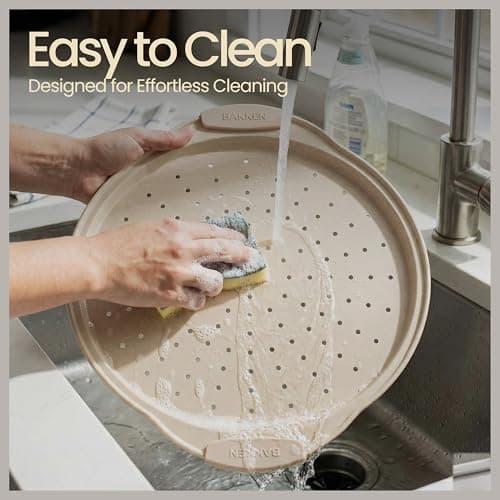 Bakken Pizza Baking Pan - Round Perforated Carbon Steel Pan with Non-Stick Marble Coating, Oversized Silicone Handle, Dishwasher Safe, High-Temperature Resistant, Durable & Easy Cleanup White, 2 Pack 7