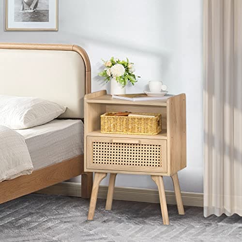 Lerliuo Rattan Nightstand, Boho Side Table with Drawer Open Shelf, Cane Accent Bedside End Table with Solid Wood Legs for Bedroom, Dorm and Small Spaces (Natural) 8