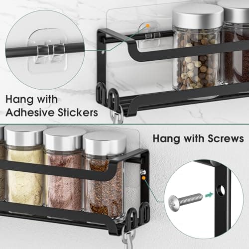 LUCYCAZ 2 Pack Wall Mounted Spice Rack with 8 Hooks, Spice Organizer Shelf for Stove Cabinet Pantry Door,Screw or Adhesive Spice Shelf Hanging Wall Spice Rack in Kitchen and RV (Black, 2 PACK) 6