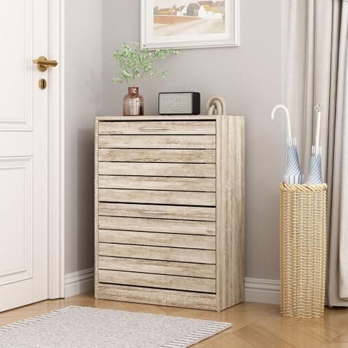 TAMUNE Small Shoe Cabinet with 2 Flip Drawers, Slim Shoe Storage Cabinet Shoe Organizer, Louvered Surface, No Backboard, for Entryway Light Brown (22.4”W x 9.4”D x 29.5”H)