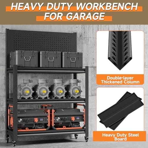 TOPASS Workbench with Pegboard, Adjustable Heavy Duty Work Table with Wheels, Heavy Duty Workstation, Metal Tool Work Bench for Garage Warehouse Workshop, 48" H x 18" D x 34" W, Black 5