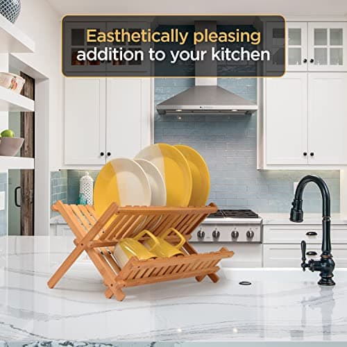 Dish Drying Rack - Bamboo Dish Rack for Kitchen Counter, Collapsible 2-Tier Wooden Drying Rack for Dishes, Plates, Cups, Utensils - Foldable Dish Drainer, Space-Saving Kitchen Drying Rack Organizer 7