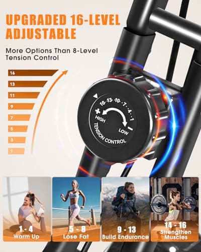 Folding Exercise Bike, 5-in-1 Foldable Stationary Bike Upgraded 16-level Magnetic Resistance 10DB Near-silent Bike Upright Indoor Exercise Bike for Home with Arm Resistance Band, Back Support Cushion 5