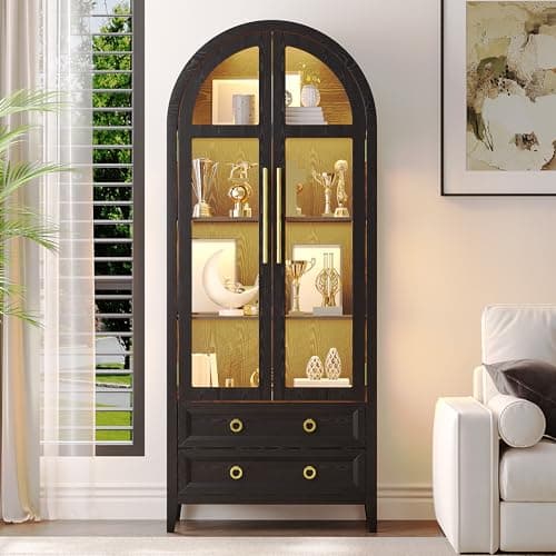 Vlsrka 71 Inch Arched Curio Cabinet, 4-Tier Display Cabinet and 2 Drawers, Tall Bookcase with 3 Color Lights, Display Case with Glass Doors, Kitchen Pantry, Black