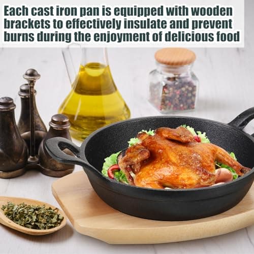 Sliner 4 Sets Mini Cast Iron Skillet Small Cast Iron Plates Skillet with Wooden Base Small Round Pan Fajita Plate Pot for Baking Cooking(6.3 Inches) 5