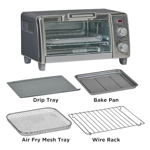 BLACK+DECKER Crisp 'N Bake Air Fry Countertop Convection Toaster Oven, Medium Capacity, 4-Slice, 5-in-1, Fits 9” Pizza, 30-Min Timer, Bake, Broil, Air Fry, Toast, Keep Warm, Stainless Steel 9