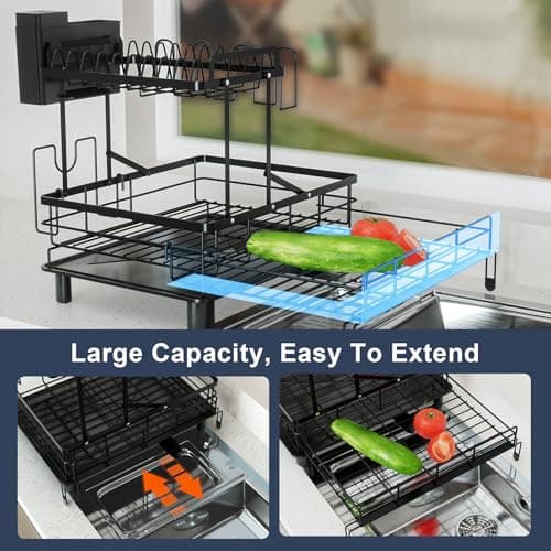 YEYPOP 2 Tier Dish Drying Rack - Expandable Dish Rack Over Sink, 304 Stainless Steel Dish Rack for Kitchen Counter, Dish Drainer w Utensil Holder, Drainboard & Cups Holder, Anti-Rust & Space Saving 6