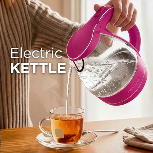 OVENTE Electric Kettle, 1.5L Borosilicate Glass Countertop Water Heater and Boiler for Coffee or Tea, BPA-Free, Auto Shut-Off, Boil-Dry Protection, Removable and Washable Spout Filter, Pink KG83F 6