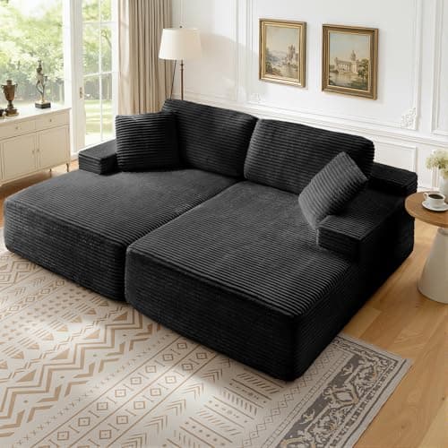 89.3” Oversized Double Chaise Lounge Indoor, Black Corduroy Chaise Lounge Chair, Upholstered Sleeper Sofa Bed, Deep Seat Sleeper Loveseat Reading Chairs, Boneless Cloud Couch for Living Room Bedroom
