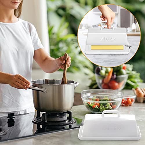Ceramic Butter Dish Set with Lid and Knife - [White]- Decorative Butter Stick Holder with Handle for 1 Stick of Butter - Microwave Safe, Dishwasher Safe - Anti-Scratch Stickers Included 6