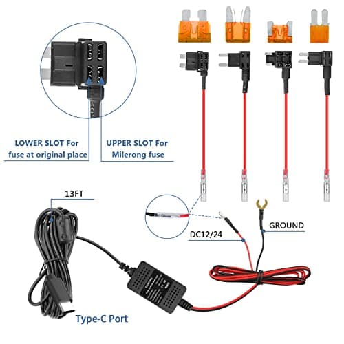 Upgraded Dash Cam Hardwire Kit, Type-C USB Hard Wire Kit 12V-24V to 5V Hardwire Kit with Low Voltage Protection 13ft Dash Cam Charger Power Cord for Dashcam GPS Power Supply Radar Detectors and More 6