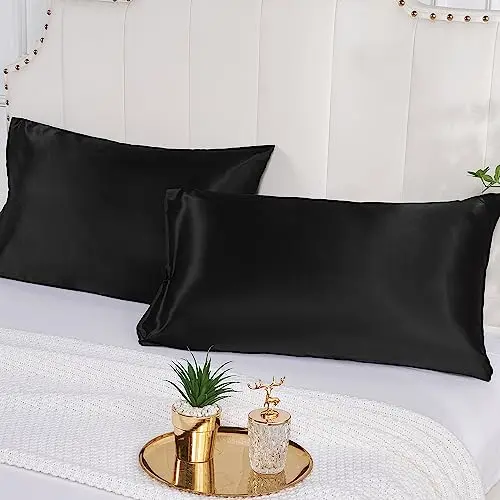 phyrec Satin Silk Pillowcase for Skin and Hair, 2 Pack - Envelope Closure - Bedding Queen Pillow Cases(20" x 30"), Soft Breathable Smooth Cooling Silk Pillow Covers for Sleeping, Black 5