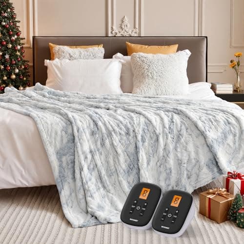 WOOMER Heated Blanket King Size 100" x 90", Electric Blanket with Dual Controllers, 0.5-12 Hours Timer & 10 Heating Levels, ETL Certified, Marble Blue Double-Sided Faux Fur, Machine Washable