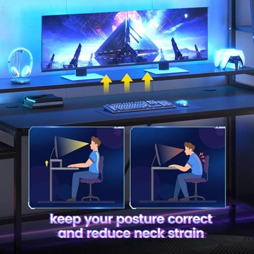 SEDETA Gaming Desk 78.8'' with LED Lights, Hutch and Storage Shelves, Computer Desk with Monitor Stand, Large PC Gamer Desk Workstation, Ergonomic Gaming Table for Bedroom, Living Room, Black 7