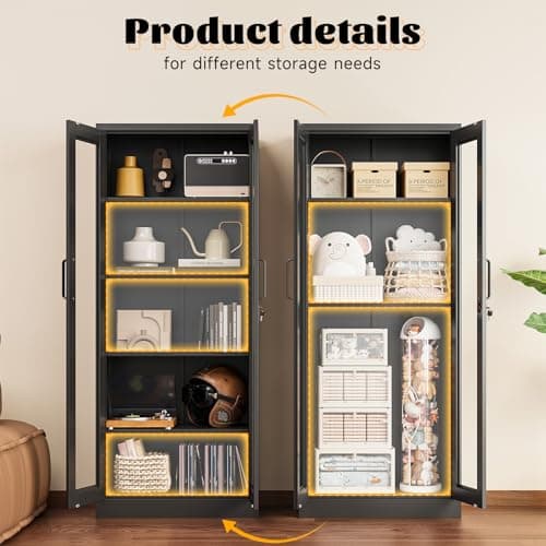 SISESOL Metal Storage Cabinet with Lock and Glass Doors,Glass Display Cabinet,67" Tall Black Storage Cabinets,Locking Curio Cabinets with 5 Shelves for Collectibles,Home,Office,Living Room 6