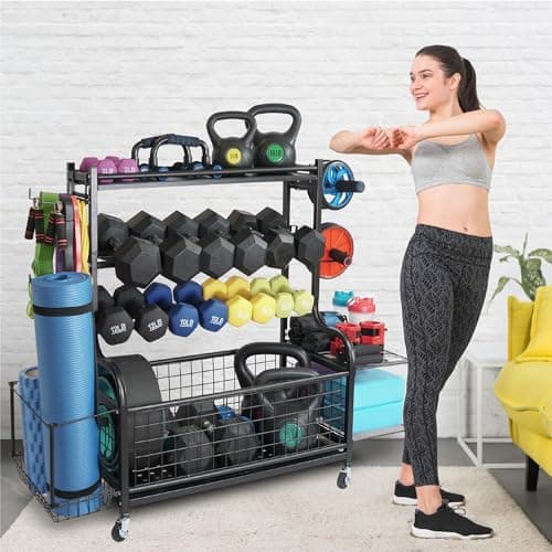 STUFFSTASH Adjustable Dumbbell Rack for Home Gym – Heavy Duty Weight Rack with Kettlebell Shelf, Yoga Mat Holder & Wheels – 700 LB Capacity Gym Equipment Storage Organizer 7